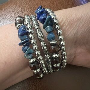 Silver and Blue Beaded Bracelet Set